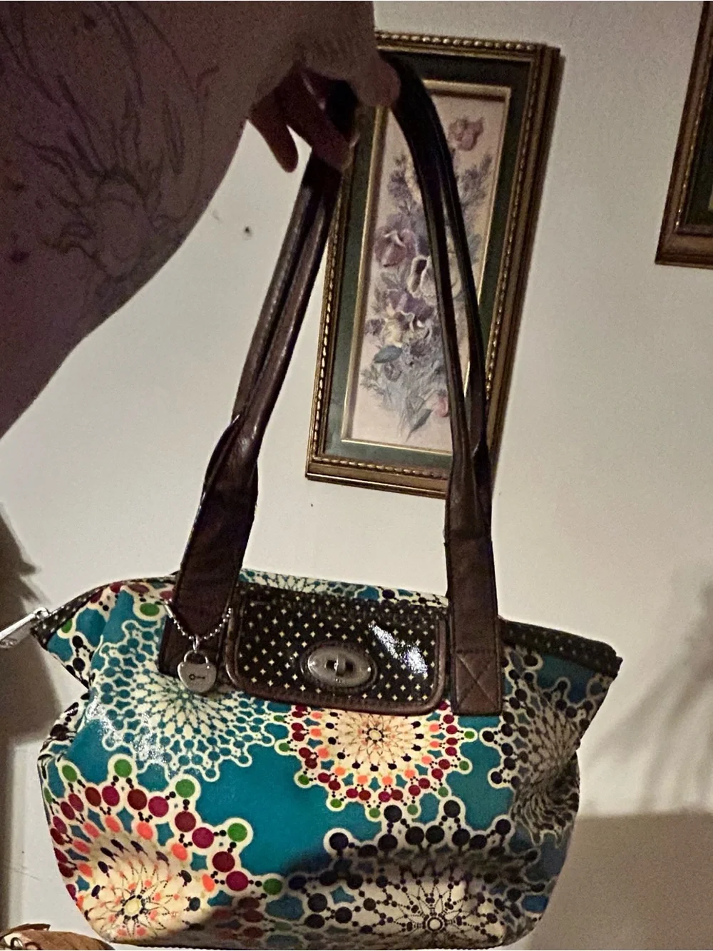Fossil Teal Multicolor Floral-Print Hobo with Brown Handles